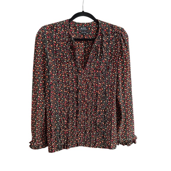 A.P.C. Lillian Ruffle Silk Cherry Print Blouse Cottagecore Vintage Inspired 8 - Picture 1 of 16